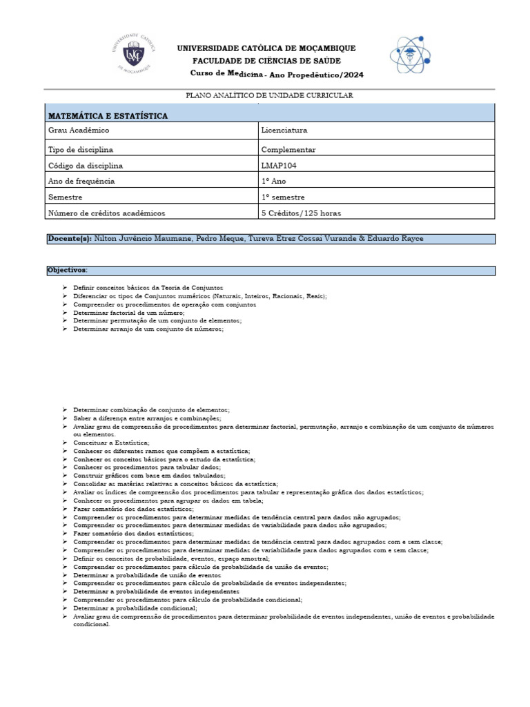 Plano Analitico de Mat e Estat.-proPED.2024-1 | PDF | Equações ...