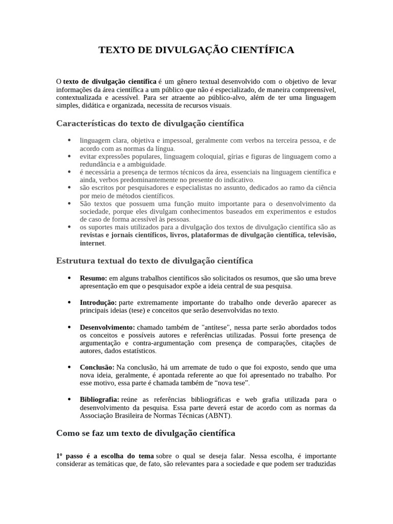 Estrutura do Texto de Divulgação Científica | PDF | Ciência Popular ...