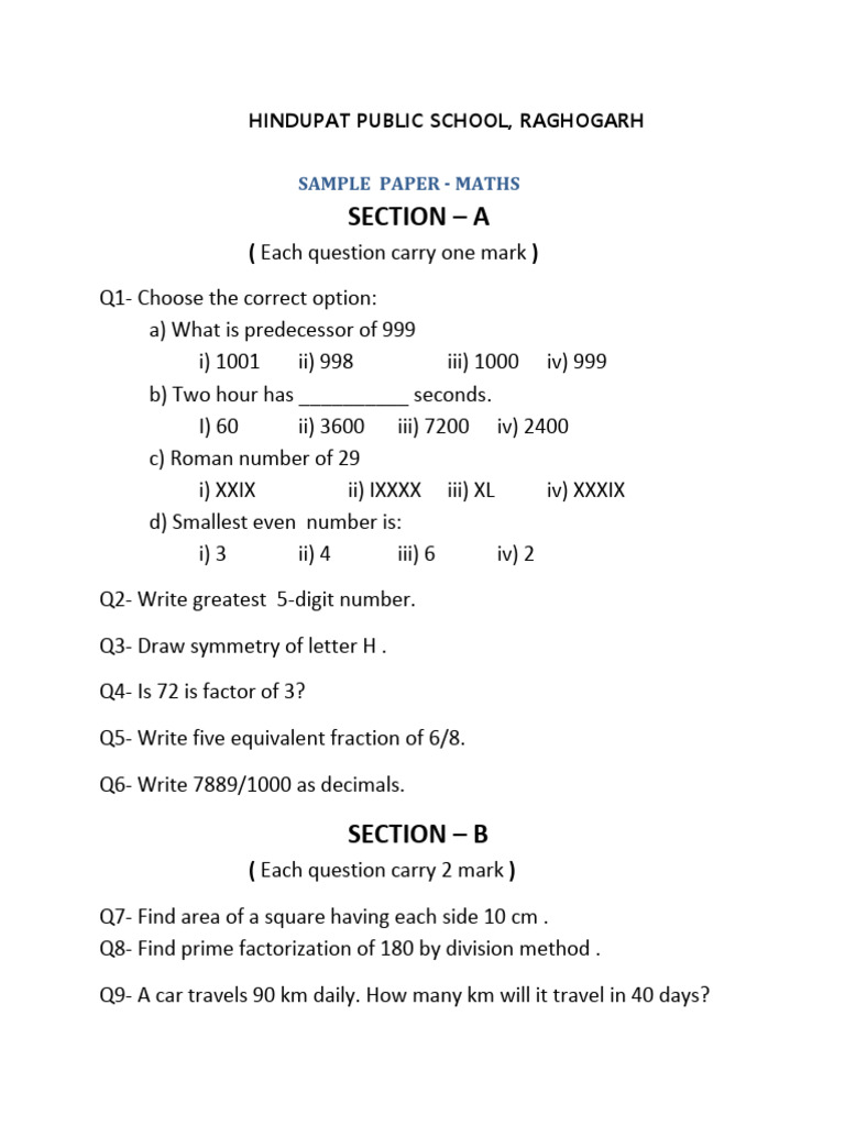 Maths Sample Paper for Hindupat School | PDF