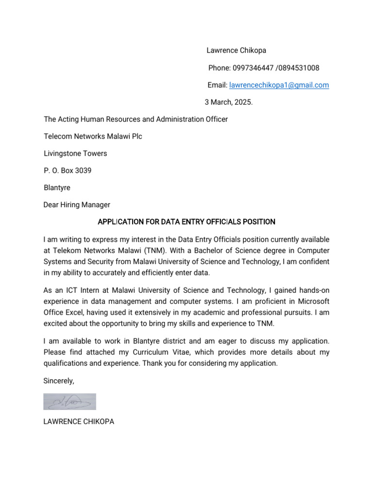 Application For Data Entry Officials Lawrence Chikopa | PDF