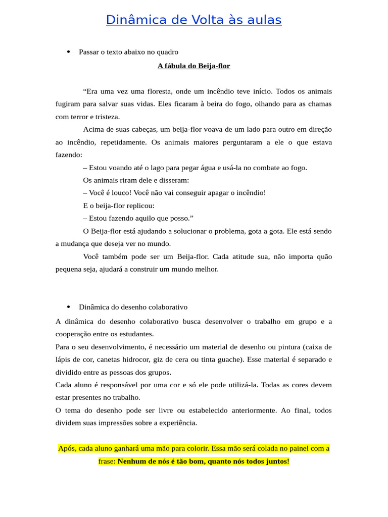 Dinâmica De Volta às Aulas Pdf