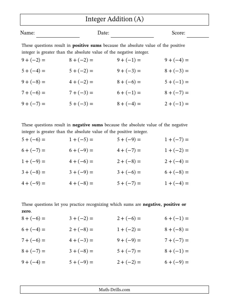 Scaffolded Positive Plus Negative Integer Addition | PDF | Integer ...