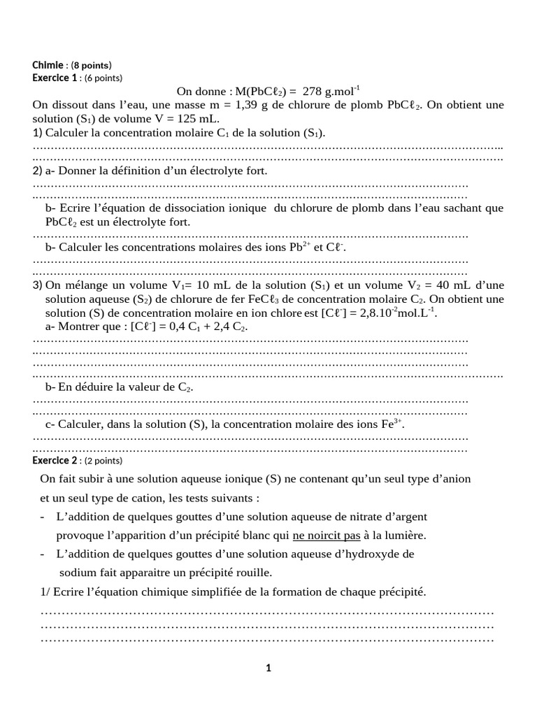 Calculs de chimie et physique des solutions | PDF | Tension électrique ...