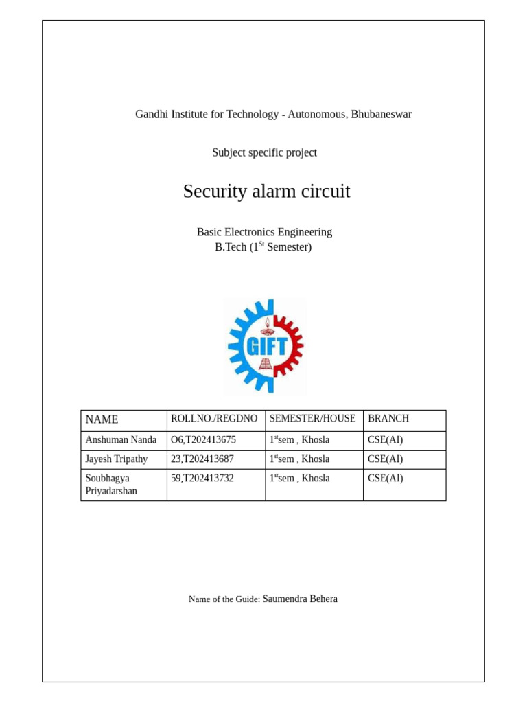 Security Alarm Circuit Project Report | PDF