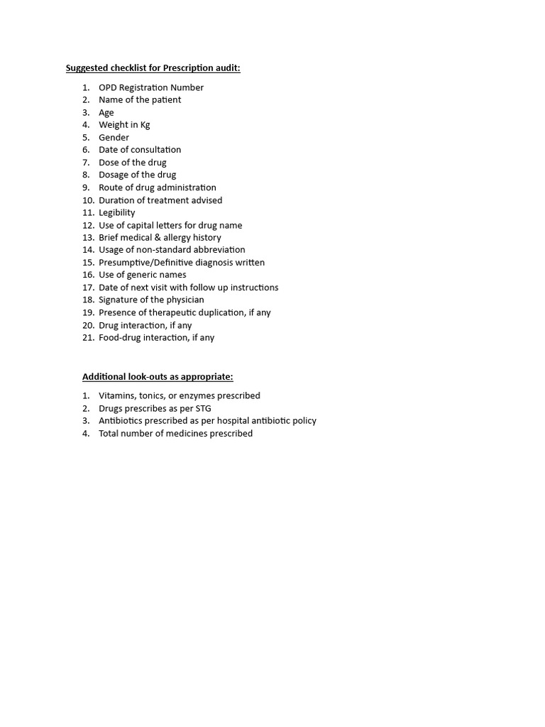Suggested checklist for prescription audit pdf