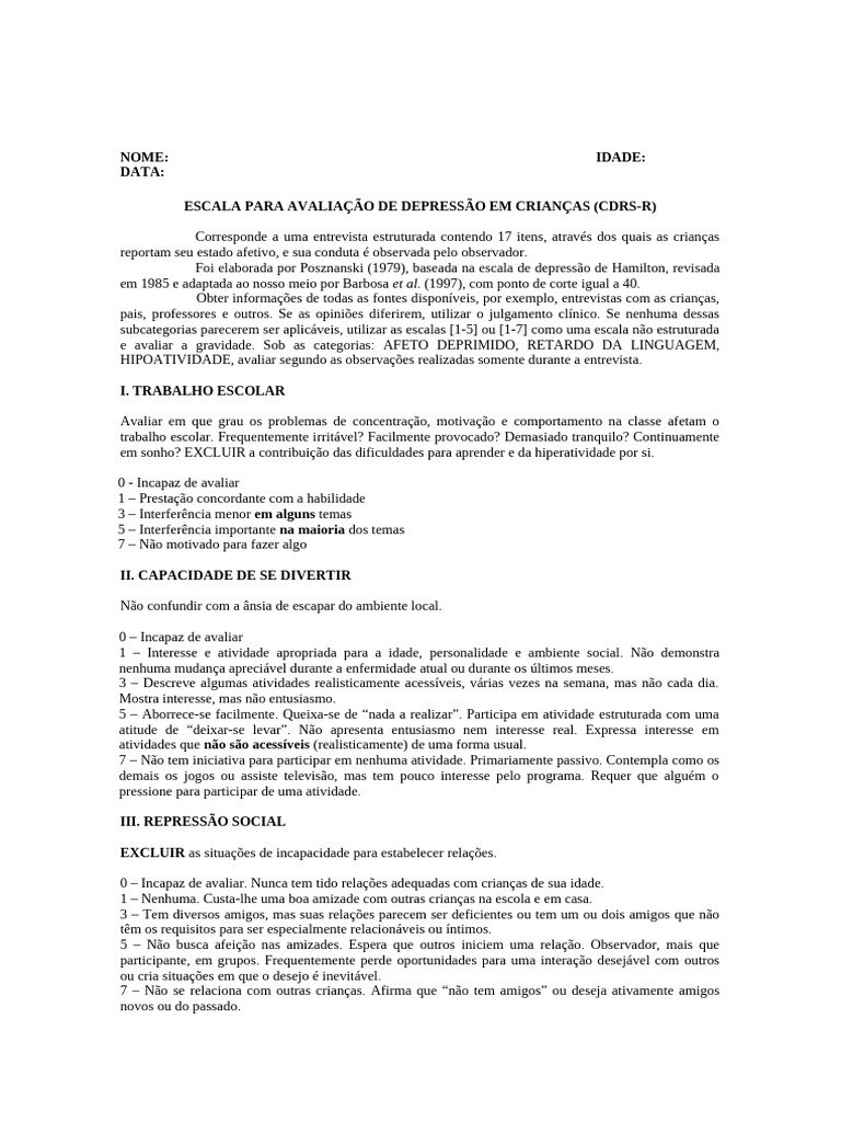 Escala de Depressão Infantil CDRS-R | PDF | Depressão | Suicídio