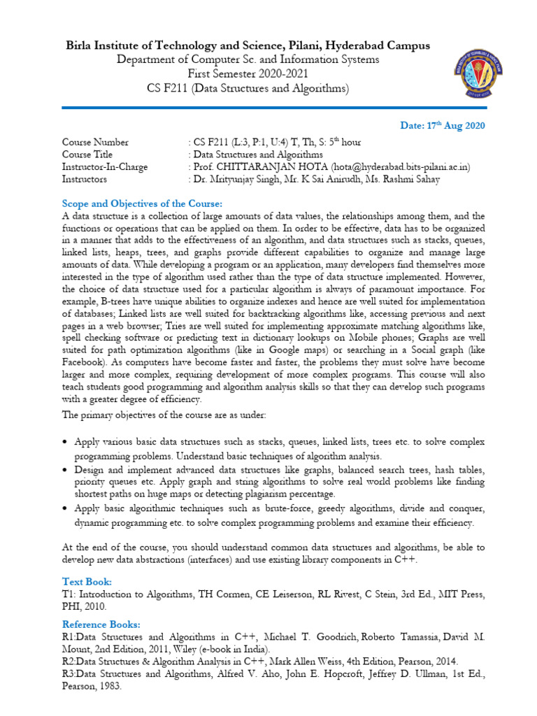 CS F211 Data Structures Algo First Semester 2020-21 - Handout | PDF ...