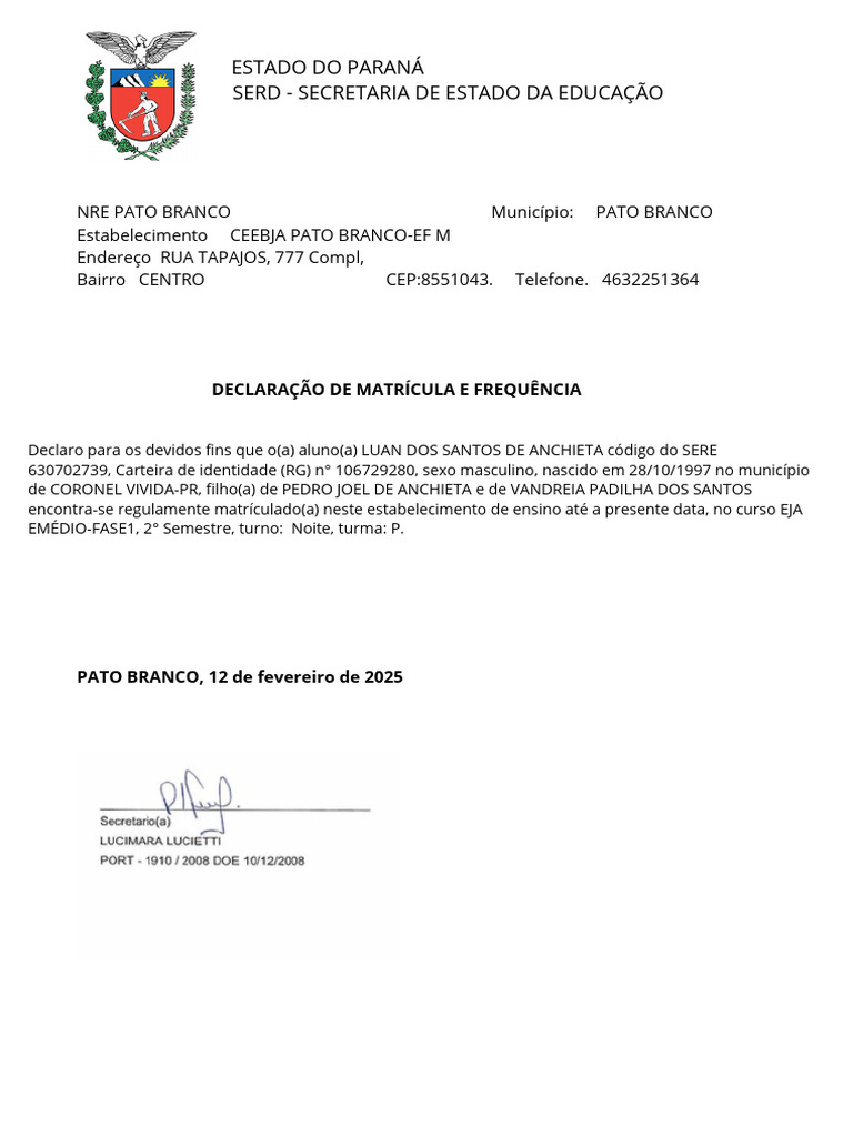 Declaração de Matrícula EJA Pato Branco | PDF