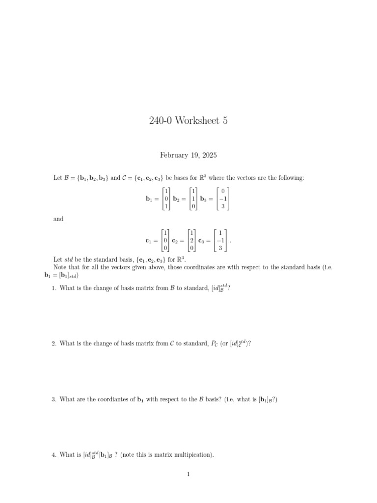 Change of Basis in R3 Worksheet | PDF | Basis (Linear Algebra ...