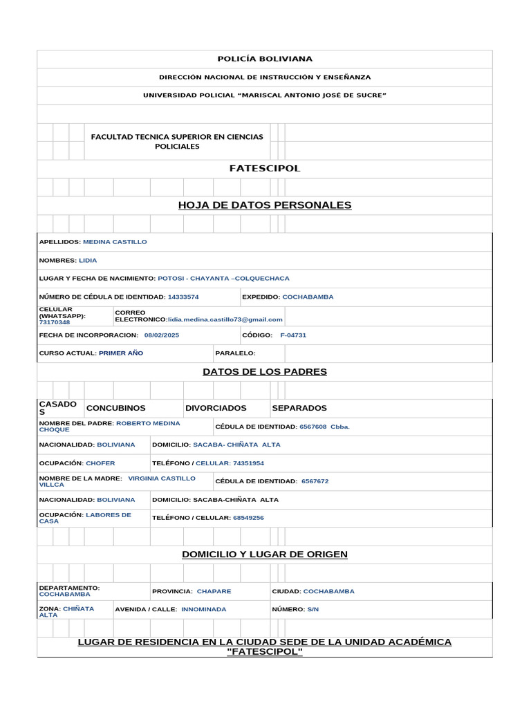 Datos Personales de Lidia Medina Castillo | PDF