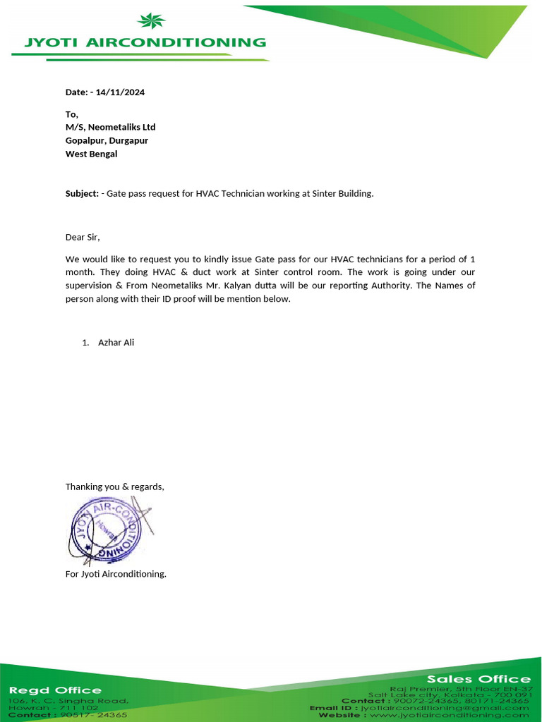HVAC Technician Gate Pass Request | PDF