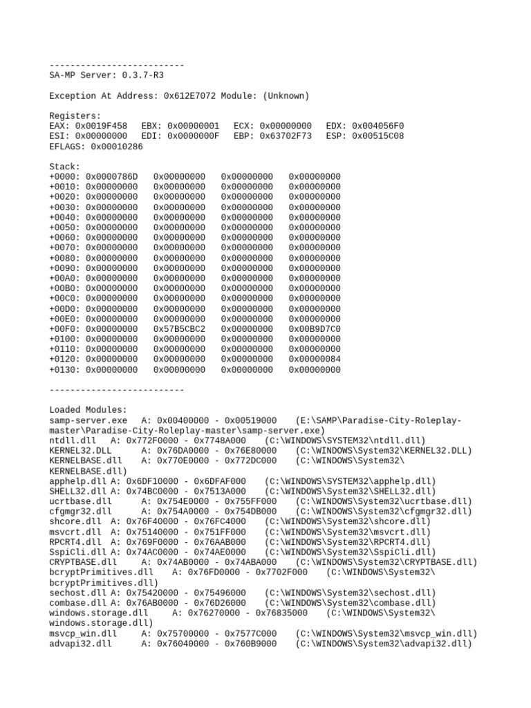 SA-MP R3 Crash Report Analysis | PDF | Software | Computer Architecture