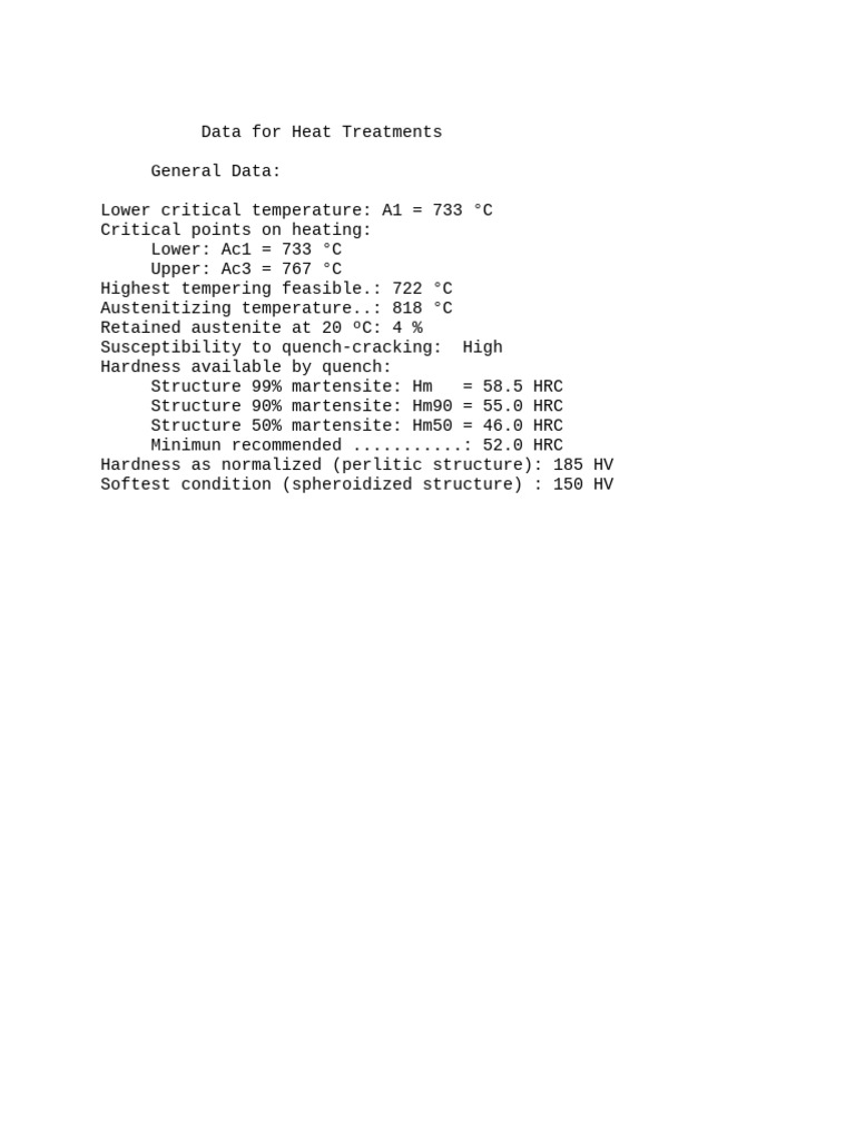 Heat Treatment Data and Temperatures | PDF