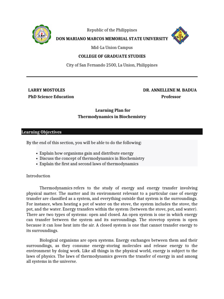 Learning Plan For Thermodynamics in Biochemistry | PDF | Entropy | Heat