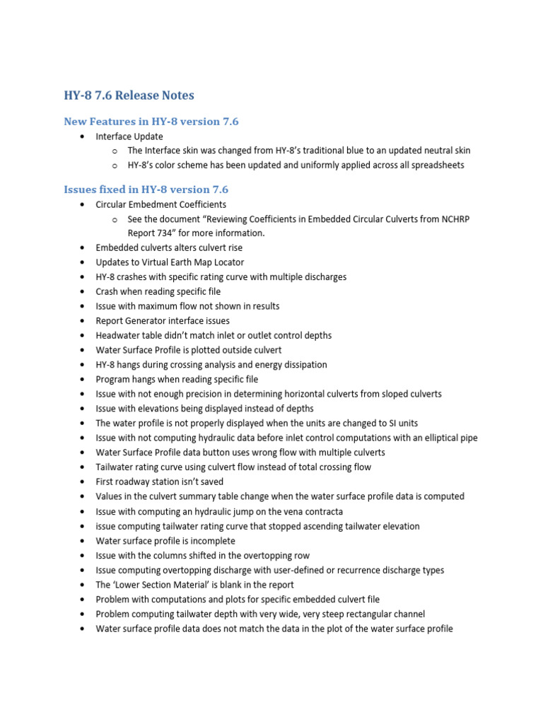 HY-8 Version 7.6 Release Notes | PDF | Microsoft Excel | Water