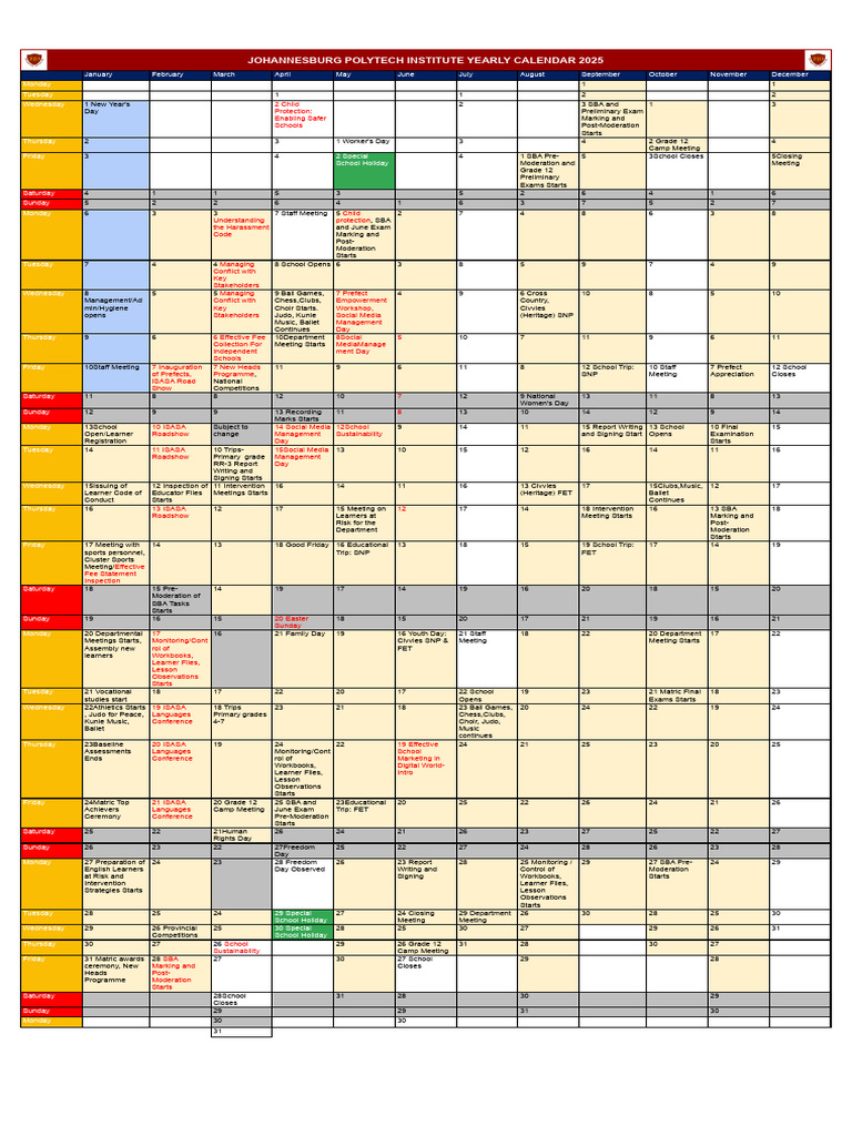 Johannesburg Polytechnic 2025 Calendar | PDF