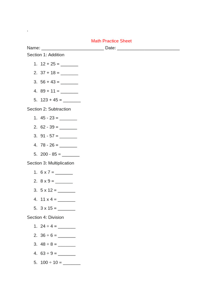 Math Practice Sheet | PDF