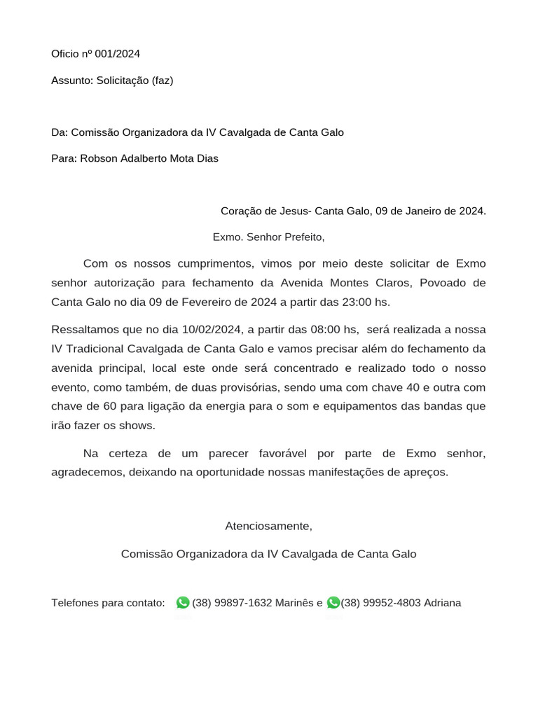 oficio para o prefeito solicitação do fechamento da rua e provisória ...