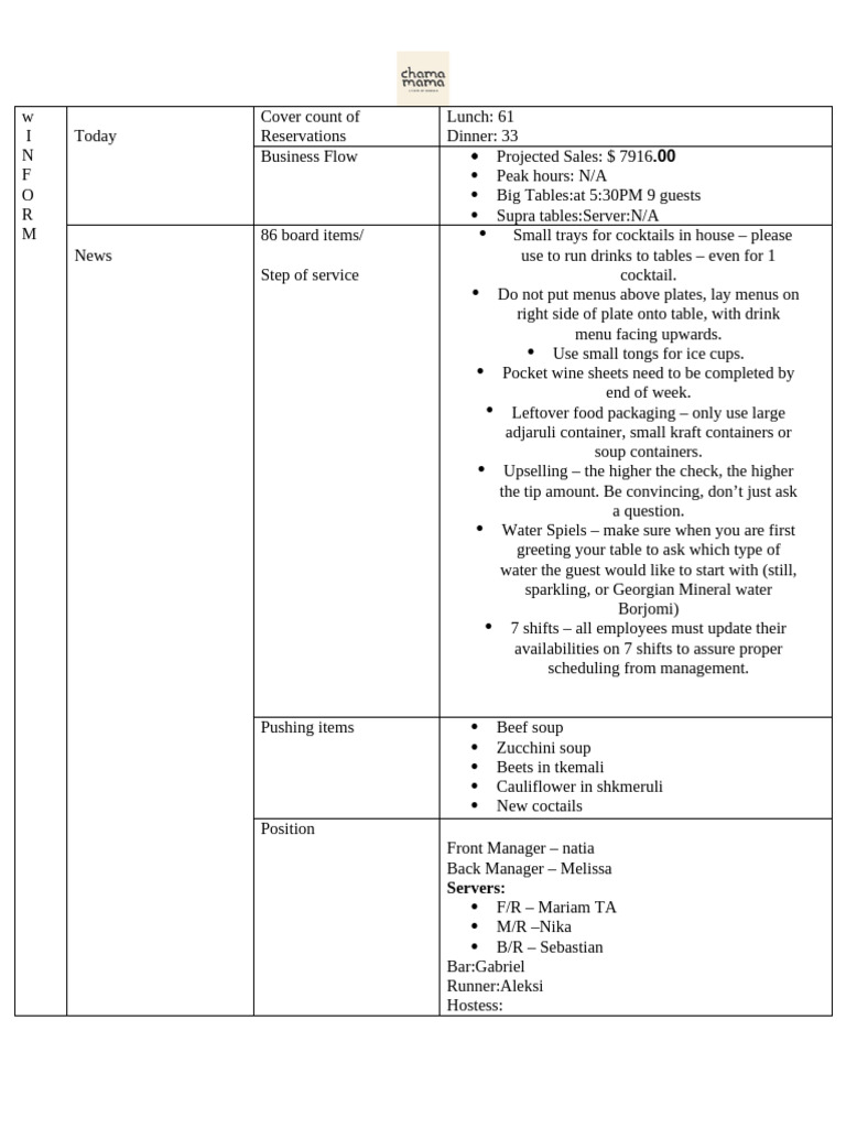 Daily Restaurant Operations Update | PDF | Drink | Menu