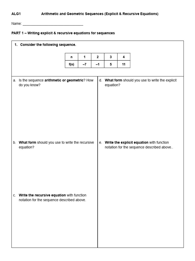 Math 9th - Arithmetic and Geometric Sequences (Explicit & Recursive ...