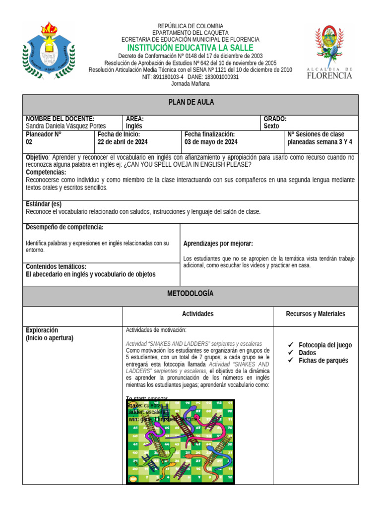 Semana 2 FORMATO PLAN DE AULA LA SALLE 2024 | PDF | Aprendizaje ...