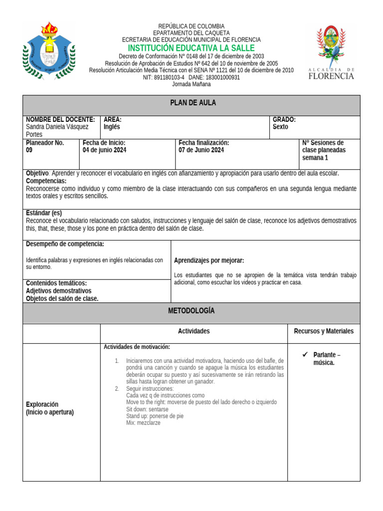 Semana 9 SEXTO FORMATO PLAN DE AULA LA SALLE 2024 | PDF | Aprendizaje
