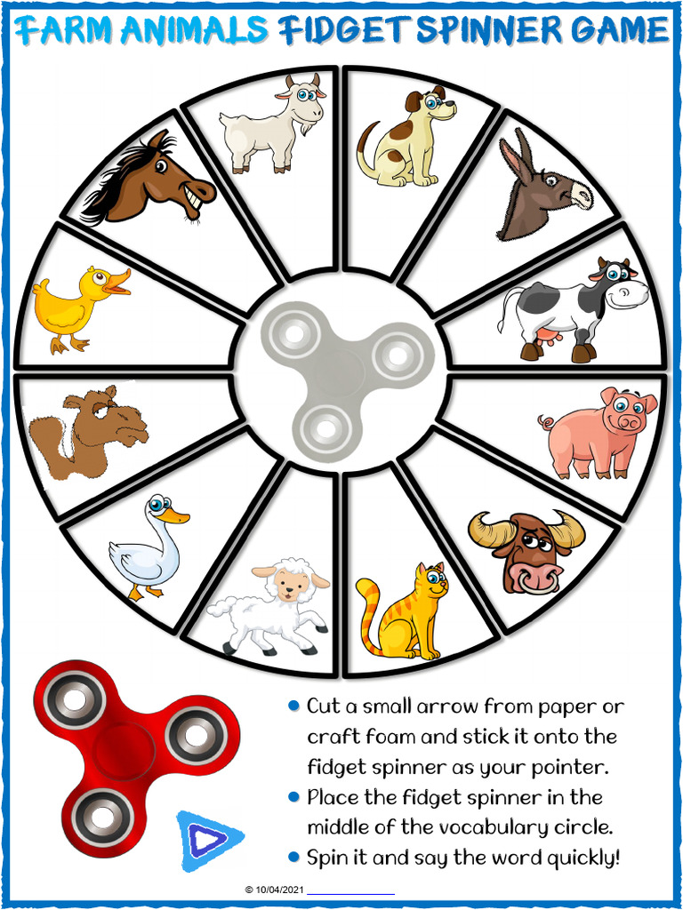 Farm Animals Vocabulary Esl Printable Fidget Spinner Game For Kids | PDF