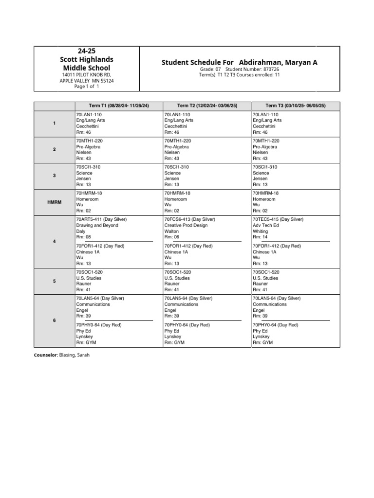 7th Grade Student Schedule 2024-25 | PDF