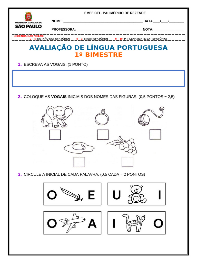Avaliação de Língua Portuguesa 1º Bimestre | PDF