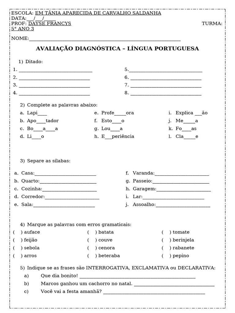 Avaliação Diagnóstica de Português 5º Ano | PDF | Sílaba | Famílias ...