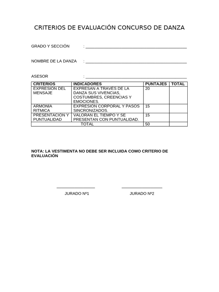 Criterios de Evaluación para Concurso de Danza | PDF