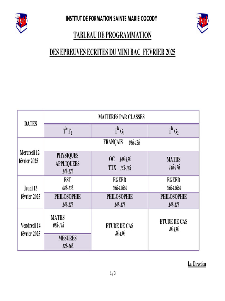 Emploi du temps Mini Bac 2025 | PDF