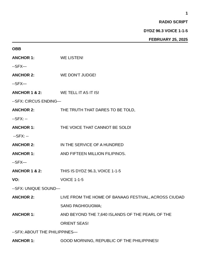 1 Radio Script DYDZ 96.3 VOICE 1-1-5 FEBRUARY 25, 2025 OBB Anchor 1 | PDF