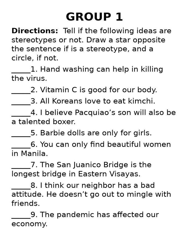 Understanding Stereotypes Worksheet | PDF | Stereotypes