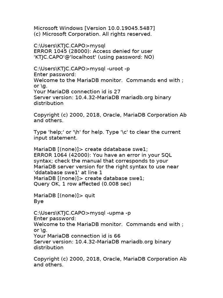 MariaDB Commands and Errors Guide | PDF