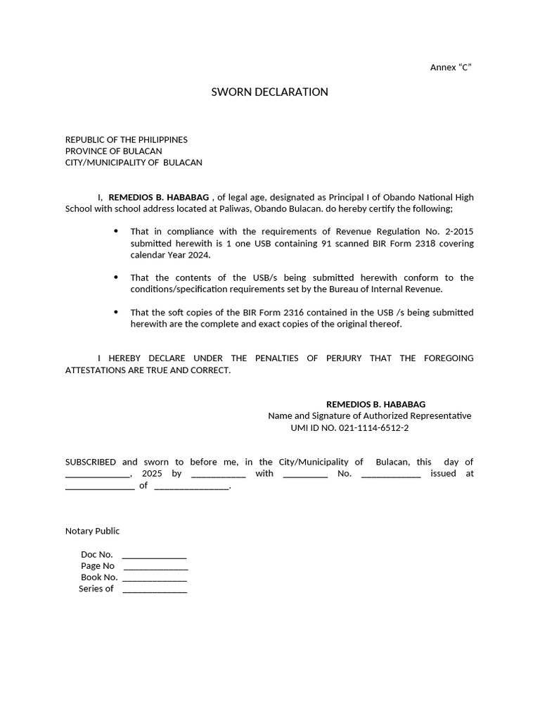 Sworn Declaration for BIR Annex C 2316 | PDF
