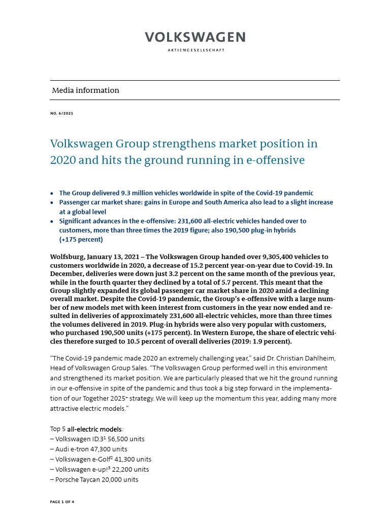 PM Volkswagen Group Strengthens Market Position in 2020 and Hits The ...