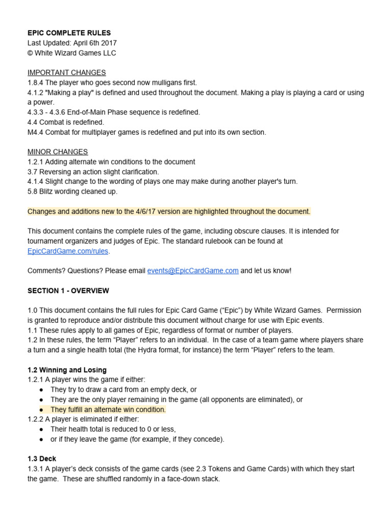 Epic Card Game Complete Rules Update | PDF | Playing Cards