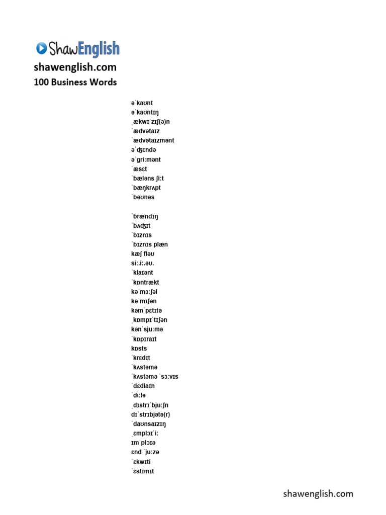 100 Business Words Vocabulary List | PDF | Mergers And Acquisitions ...