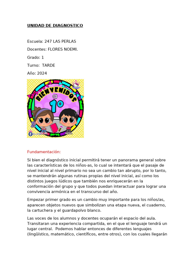 Diagnóstico Inicial para Primer Grado 2024 | PDF | Educación de la ...