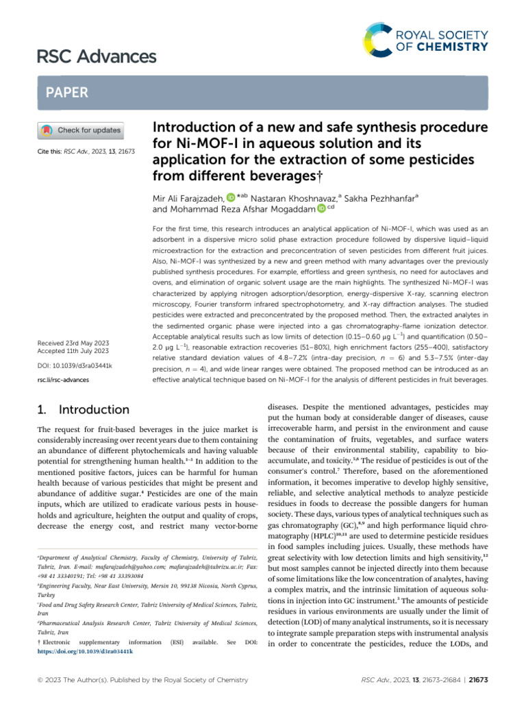 Safe Ni-MOF-I Synthesis for Pesticide Extraction | PDF | Adsorption | Ph