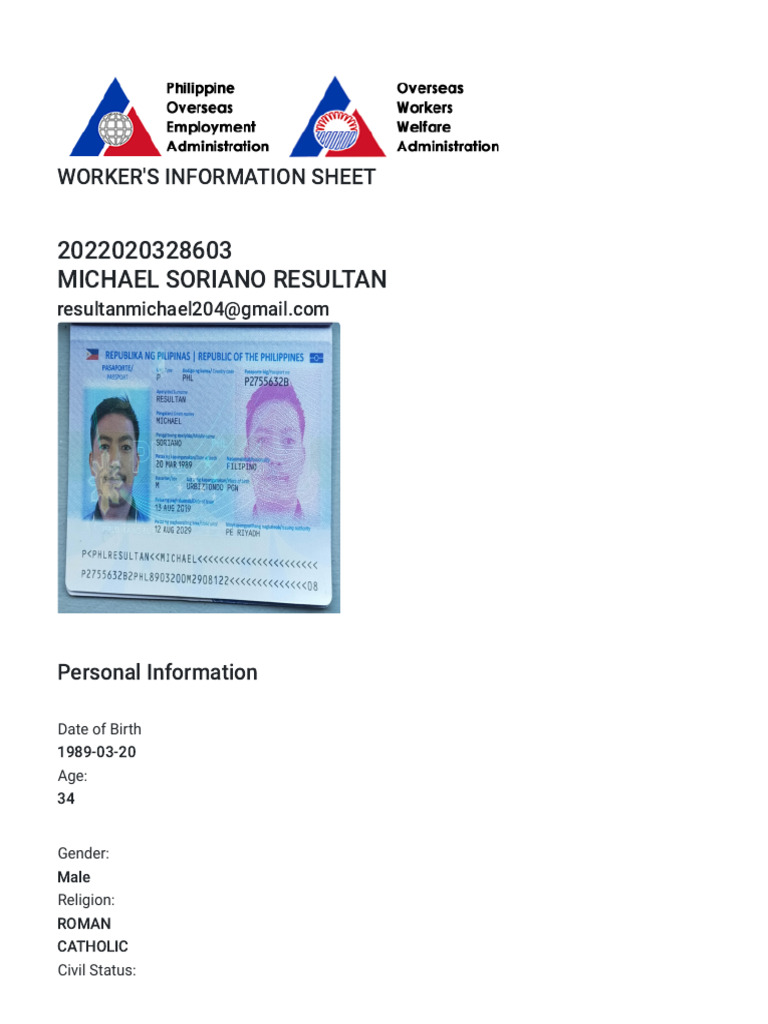 Worker Information Sheet: Michael Resultan | PDF
