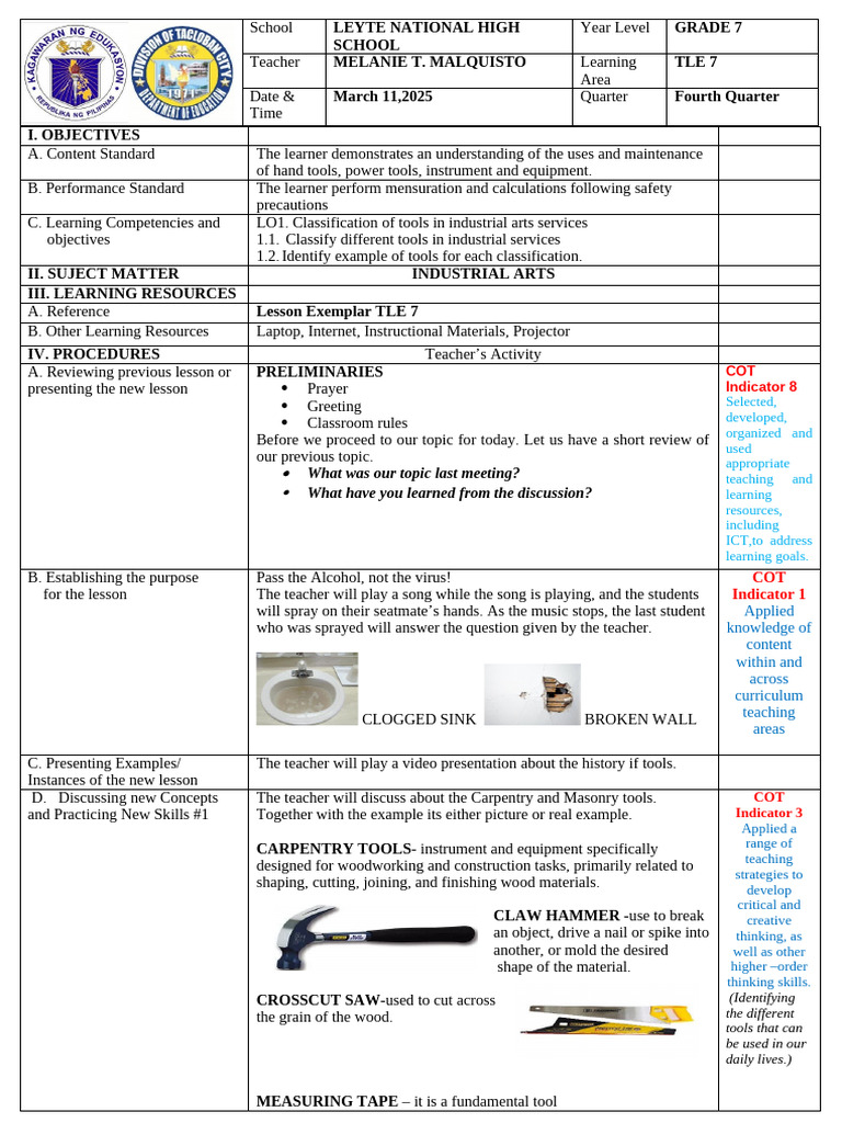 Grade 7 TLE Lesson on Tool Classification | PDF | Drill | Masonry