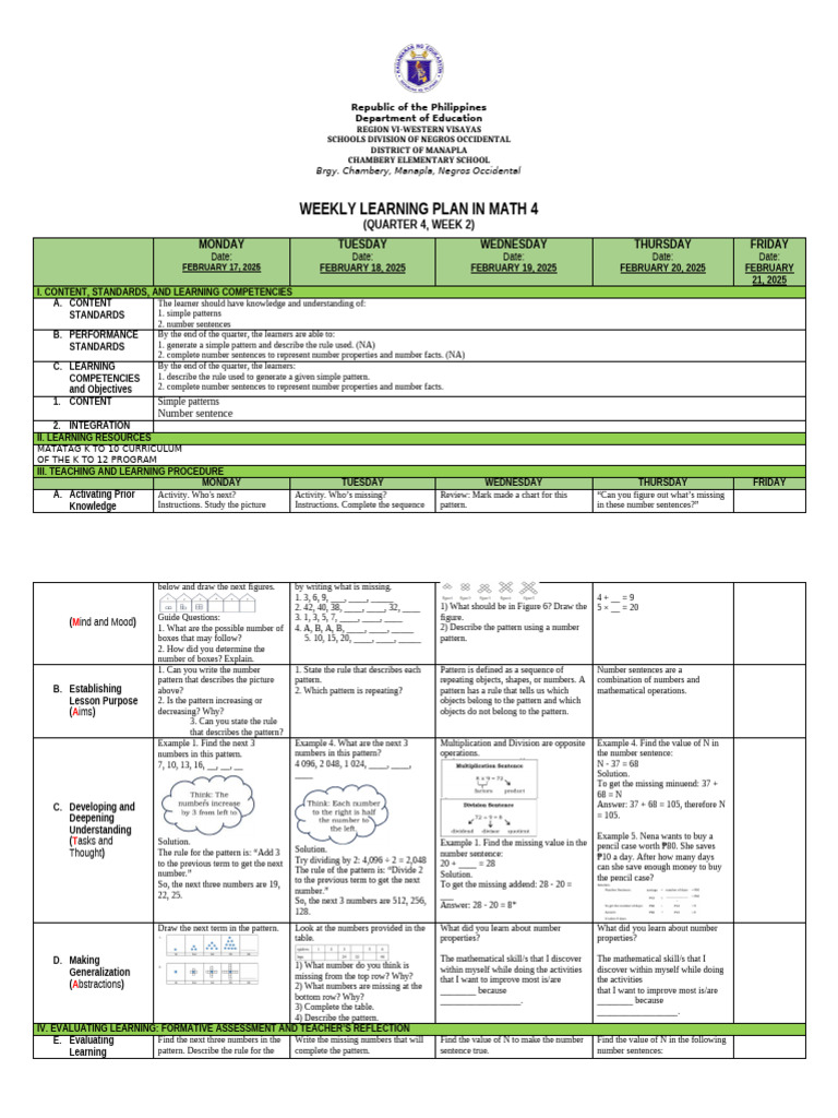 Weekly Math Learning Plan for Grade 4 | PDF | Learning | Behavior ...