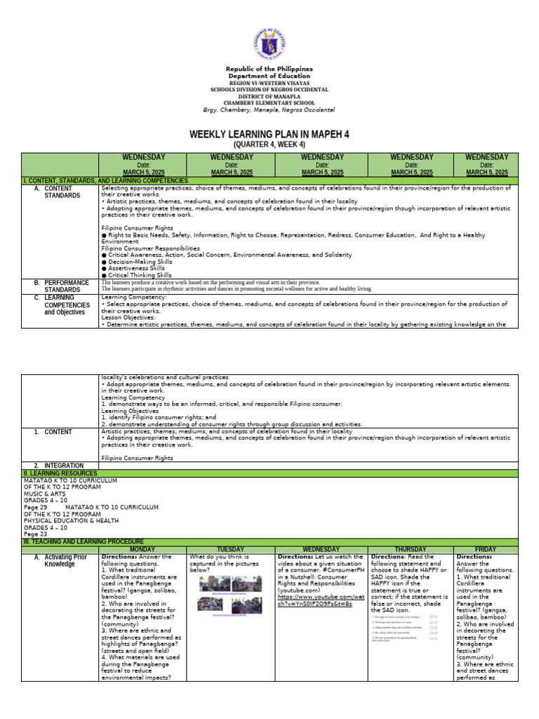 Weekly MAPEH Learning Plan for Grade 4 | PDF | Critical Thinking | Thought