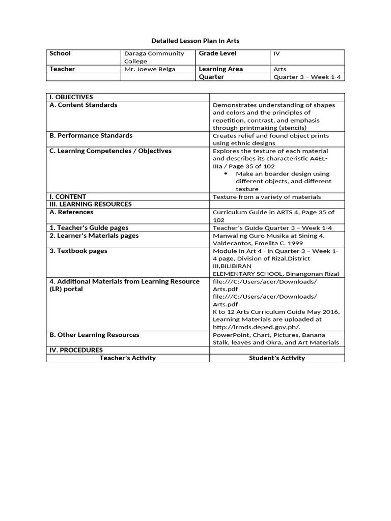 Detailed Lesson Plan in Arts | PDF | Learning