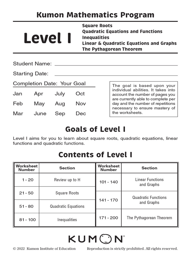 Level I: Kumon Mathematics Program | PDF | Quadratic Equation