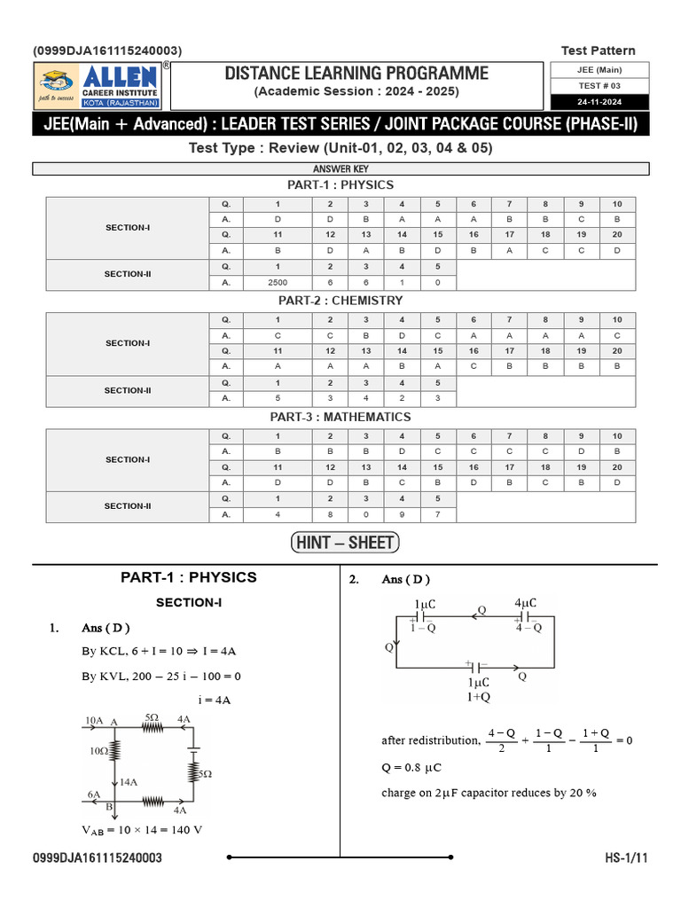 JEE Main Physics Chemistry Math Test 2024 | PDF | Force | Mechanics