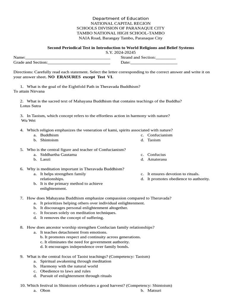 World Religions Test: Key Concepts | PDF | Confucianism | Mahayana