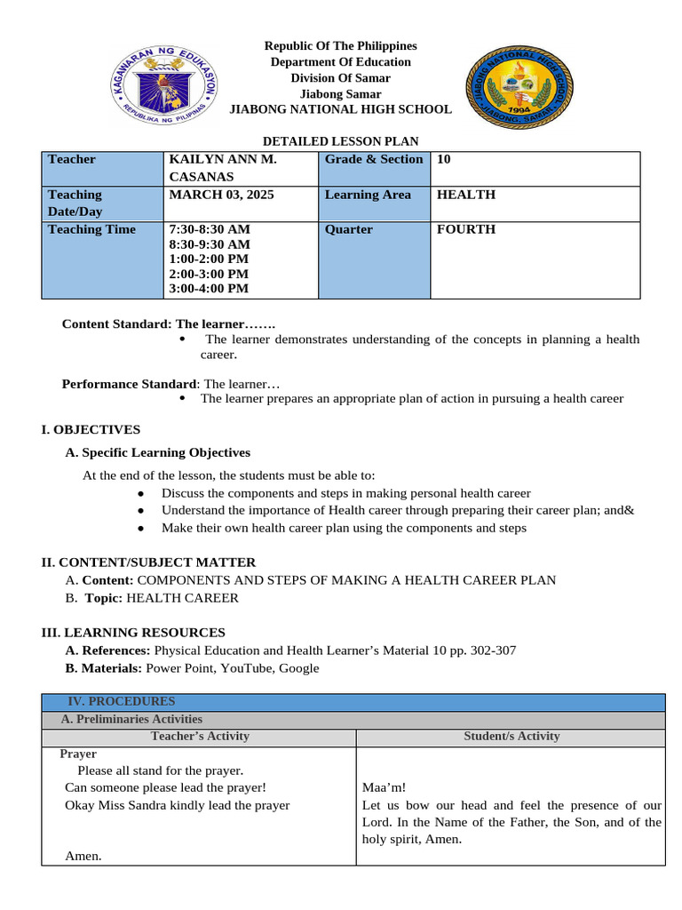 Health Career Planning Lesson Plan | PDF